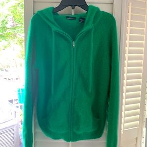 Kelly green rabbit hair sweater with hood.